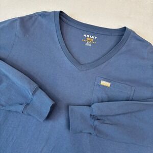Ariat Rebar Work T-Shirt Mens XL Blue Long Sleeve V-Neck Cotton Strong Graphic